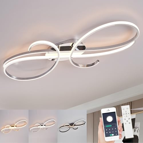WSXEDC Moderne LED Kreative Deckenleuchte, Dimmbare Metall Chrom für die Augenpflege Deckenlampe Mit Fernbedienung für Wohnzimmer Schlafzimmer Esszimmer Flure Chrom 60cm