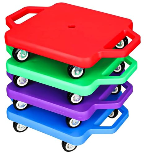 4 Pcs Sports Scooter Board with Handles,12 Inch Fun Scooters with Plastic Casters,Floor Scooter, Sitting Scooter Board for Kids Children Gym Indoor Outdoor Activities,Over 6 Years Old