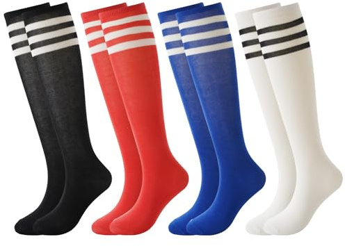 BONANGEL 4 Pairs Kids Football Socks Boys Girls 6-8 9-12 Years Knee High School Socks Black White Athletic Long Sleeves Cotton Sports Soccer Training Socks for Junior