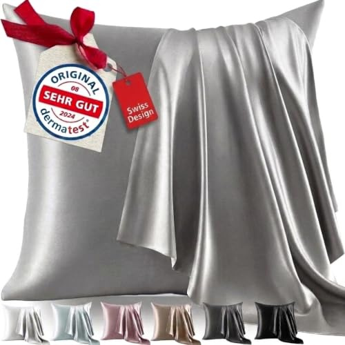 Welldora Kissenbezug 80x80 | 100% Seide 22 Momme | Bettwäsche Silbergrau | Luxuriöser Seidenkissenbezug aus Maulbeerseide | Höchste Güteklasse 6A, sanft zu Haut & Haar | OEKO-TEX zert. in der Schweiz