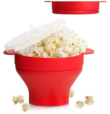 FORYNXHWIN Microwave Popcorn Maker - Collapsible Silicone Hot Air Popcorn Popper Bowl with Lid and Handles for Family Movie Nights & Quick Snacks, BPA-Free&Dishwasher Safe (Red)