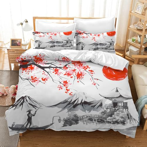 CXYXHW Parure de lit au Motif Fleurs Cerisier 3 Pièces,Housse de Couette Japonais Microfibre,Fermeture Éclair 2 Taies d'oreiller