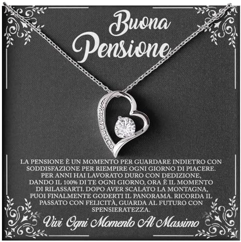 Bramart Collana Donna Pensionata Idea regalo per lei Finitura in Argento o Oro, Idee Regali Ciondolo a Cuore per pensionate - Cofanetto con DEDICA incluso (Buona Pensione 2)