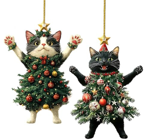 Schwarze Katze Weihnachtsschmuck, Schwarze Und Weiße Katze, Weihnachts Anhänger Schwarze Katze, Niedlicher Katzen-Weihnachtsbaum-Hängeanhänger, Weihnachtsbaum Dekoration, Hängedekoration Auto Neujahr