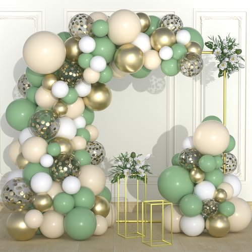 Salbei grün Ballon Girlande Kit Bogen - Olivgrün und Weiß Gold Ballons für Jahrestag Oh Baby Shower Geburtstag Hochzeit Graduierung Bridal Shower Party Dekorationen