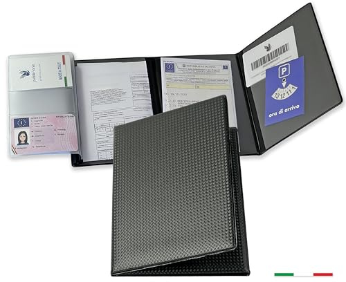 Pubblimania Dokumentenmappe für Auto Motorrad, 3 Türen + Kartenhalter, hergestellt in Italien, für Broschüre, Karte, Versicherung, Stempel oder Reisedokumente (Schwarz Carbon)