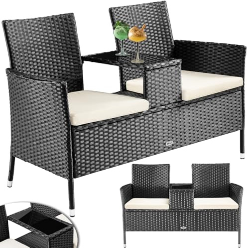 BAKAJI Panchina da Giardino in Polyrattan con Tavolo Integrato e Cuscini, Panchina 2 Posti da Esterno Resistente Ai Raggi UV e alle Intemperie, Panca Divano Ripiano Vetro 123 x 54 x 82.5 cm (Nero)
