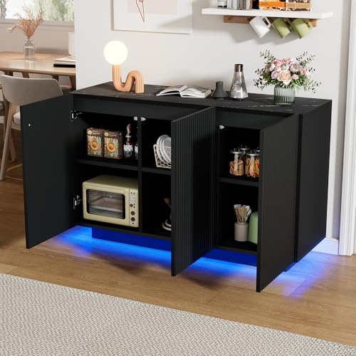 LED Kommode Modern Design Sideboard mit Beleuchtung Schwarz Marmor Optik Smart Wohnzimmerschrank Bluetooth Steuerung Vertikale Streifen Anrichte 160cm Aufbewahrungsschrank