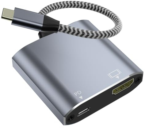USB C to HDMI 2-in-1 Adapter, Thunderbolt 3 to HDMI Adapter, USB C Hub with PD Charging, Durable Design for MacBook, iPad, iPhone, High-Speed Data Transfer & Power Delivery (Grey)