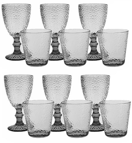 Set 12 Bicchieri 6 acqua 6 vino calici con piede in Vetro trasparente grigio fumé da tavola Eleganti Stile Raffinatezza in casa per Ogni Tavola e Occasione bar hotel ristorante