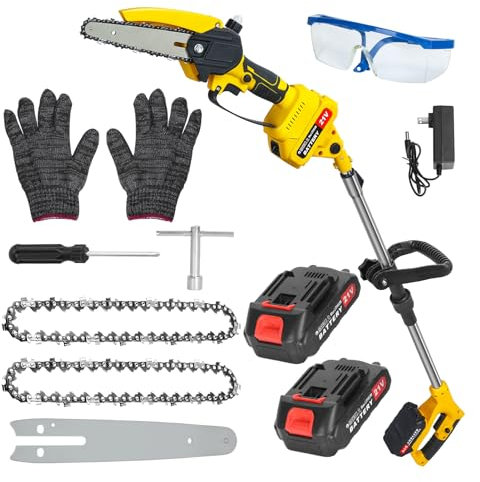 Scie à poteau sans fil 2 en 1 et mini-tronçonneuse, scie électrique avec moteur balais 21V, rétractable de 5,9 pieds, piles 2x1,5h pour les branches hautes, coupe jardinage Jaune