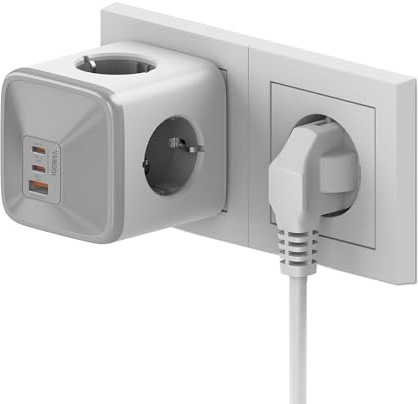VAMODI Steckdosenleiste Würfel mit USB, 4 Fach Steckdosenadapter mit USB C, PD33W 2 USB C 1 Typ A Schnelles Ladegerät, 7 in 1 Steckdosenwürfel mit Kindersicherung für Büro Hause Reisen, Weiß