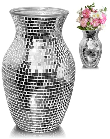Mafagwre Large Discos Ball Planters, Silver Discos Ball Vase, Silver Mirror Disco Glitter Planter Pot, Mirrors Disco Glitter Planter Pot, Mirrors Glass Decor Vase For Table Centerpieces (A)