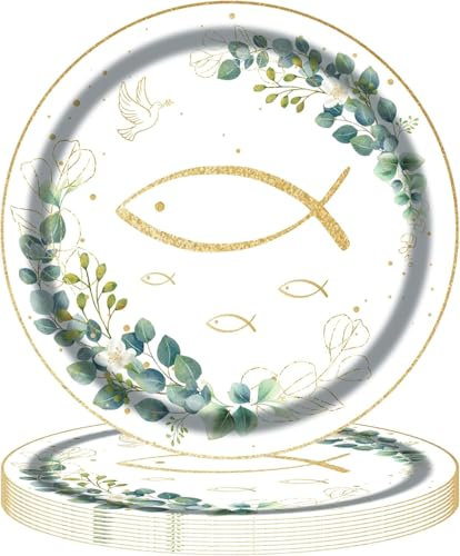 Assiettes en carton communion 24 pièces 18cm Design eucalyptus et poisson doré renforcées et résistantes pour décoration garçon baptême fille ou garçon pour gâteau bonbons salade