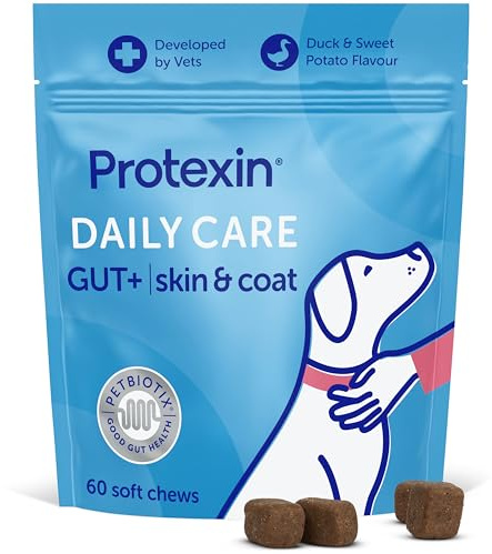 Protexin Daily Care Gut+ Skin & Coat Supplement for Dogs, 60 Soft Chews | Prebiotic & Postbiotic Chew for Dogs, Supports Healthy Skin, Coat & Gut Balance, Duck & Sweet Potato Flavour