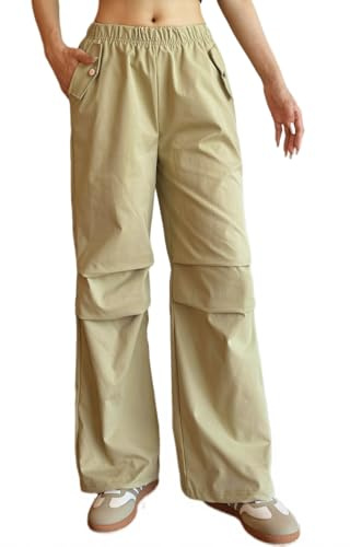 Nuofengkudu Womens Urban Utility Trousers Wide Leg Elasticated Waist 2 Pockets Knee Pleats Windproof Pull on Ladies Work Walking Loose Hiking Pants Young College Outdoor Apricot S