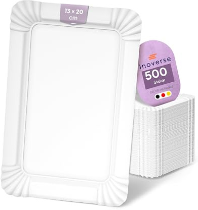 Inoverse Pappteller eckig 500 Stück, 13 x 20 cm, Kuchenteller Einweg | Umweltfreundlich, weiß aus Pappe, Einwegteller, Partygeschirr, für Kuchen, Waffeln und Bratwurst, für Feiern und Buffets