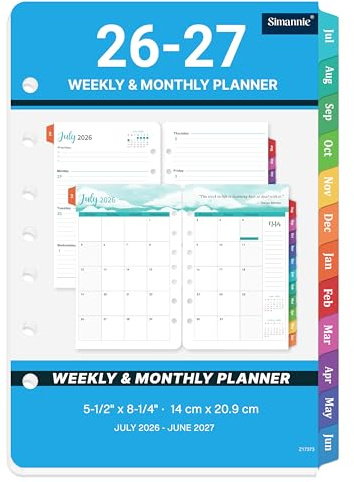 2026-2027 Planner Refills - A5 Planner Inserts with 7-Hole Punched, JUL 2026 - JUN 2027, 5-1/2 x 8-1/2, Planner Refills 2026-2027, A5 Binder Inserts, Weekly Monthly Planner 26-27 with Colorful Tabs