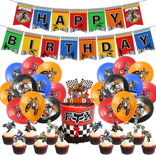 36 piezas de decoración para fiestas de cumpleaños con temática de motos todoterreno, incluyendo adornos para tartas con forma de moto y pancartas de cumpleaños, para fiestas de niños