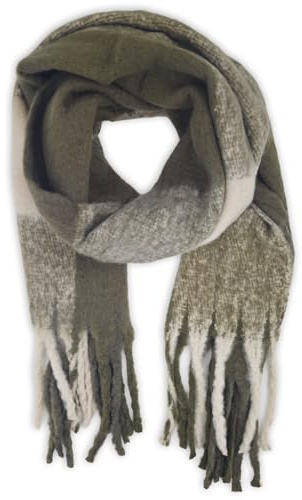 styleBREAKER Damen Webschal mit Karo Muster | Langer Schal mit dicken, langen Fransen | weicher Winter Strickschal warmes Material Stola, Farbe:Oliv-Creme