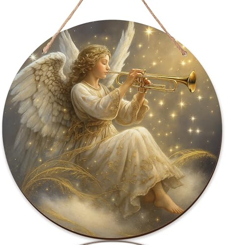 Angel Welcome Sign for Front Door, Ethereal Fantasy Trumpet Stars Christmas Gold Wood Door Signs for Front Outside Decorations Outdoor Porch Set of 3