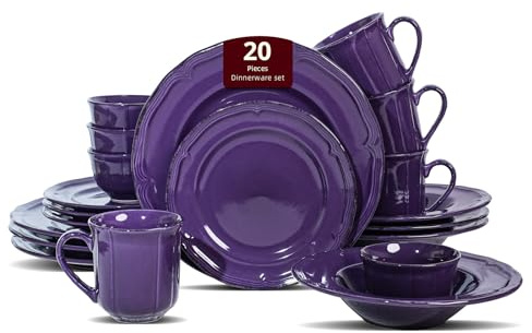 Dinner Set, 20 Piece Stoneware Dinnerware Service for 4, Dining Ware Include Plates, Bowls and Mugs, Chip and Scratch Resistant, Microwave & Dishwasher Safe, Purple