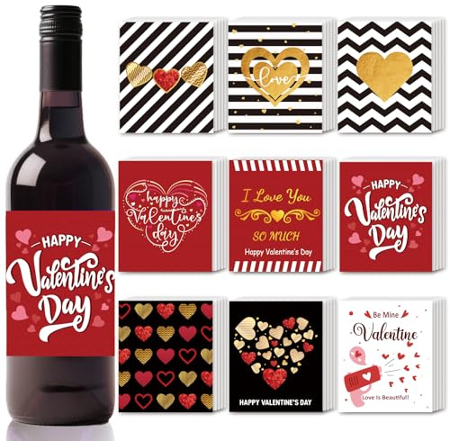 SUPERDANT 45PCS Etichette per Bottiglie di Vino di San Valentino con Cuori Dorati Adesivi per Bottiglie di Vino Ti Amo Coperchi Decorativi per Bottiglie di Champagne e Vino per Feste di San Valentino