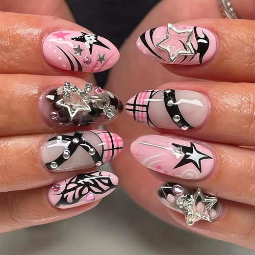 Cosblisvia Press On Nails 24 pezzi unghie adesive forma a mandorla rosa Y2K strass 3D finte unghie per donna ragazza festa uso quotidiano appuntamenti Stile corto e resistente