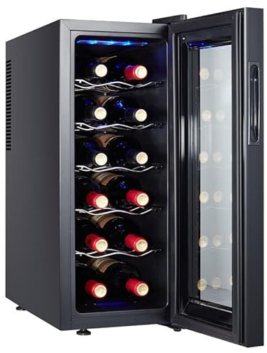GQKVQ Vinoteca para vinos,12 Botellas,Temperatura Ajustable de 8-18ºC,Pantalla Táctil Inteligente LED,Puerta de Vidrio, Anti-UV, Pantalla LED, Luz Interior