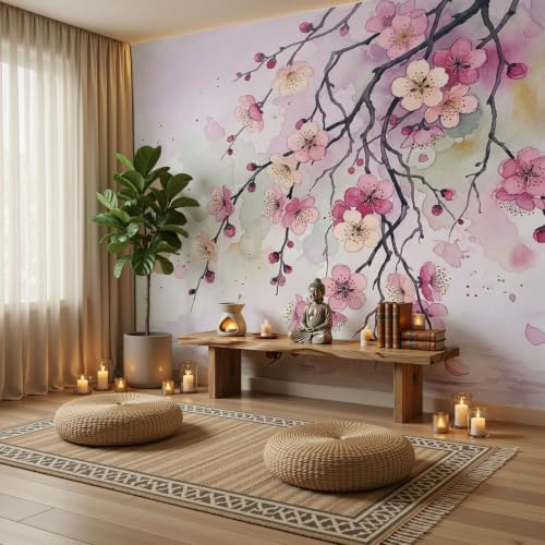 Carta da Parati Fotografica con Stile Cinese Floreale 200×140cm Acquerello Fiore Di Prugno Carta da Parati Fotografica,Viola Murale Decorazione per Camera da Letto a Tema Hotel