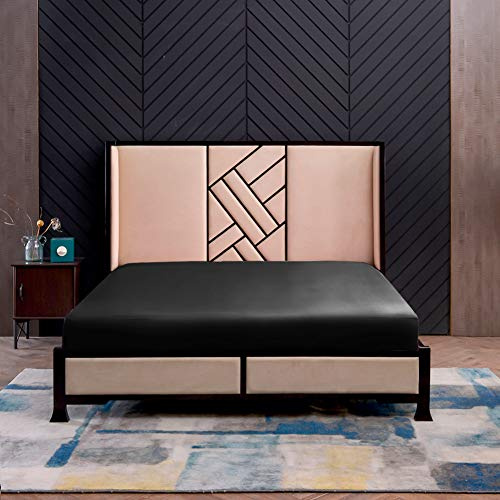 THXSILK Spannbettlaken Seide Bettlaken 160x200, Schwarz Seiden Bettlaken, 100% Reine 19 Momme Maulbeerseide Bettwäsche Spannbetttuch für Standardmatratze 30cm