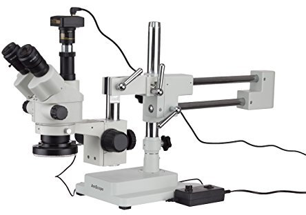 AmScope 7X-90X Simul-Focal Stereo Zoom Microscope on Boom Stand with an LED Light and 10MP Camera