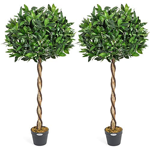 Christow Artificial Bay Tree In Pot, Large 3ft 4ft Tall Indoor Outdoor Garden Topiary Ball, Twisted Wooden Trunk, Realistic Lush Green Leaves, Home Office Restaurant (4ft, 2 pack)