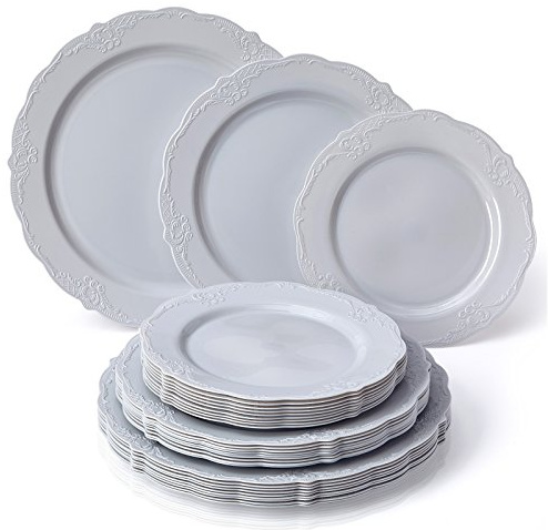 Silver Spoons 1830-TT Set Resistente, Piani, Insalata, 10 Piatti da Dessert, Eleganti stoviglie in plastica, Aspetto fine Cinese, per Matrimoni di Alta qualità, Collezione Vintage, Colore Grigio