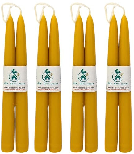 Beeswax Taper Candles 9'' (230 mm), Bundle of 4 Pairs,UK Handcrafted, Over 10.5 Hours of Burn Time Each, Air-Purifying, and Dripless - Brighten Your Space!