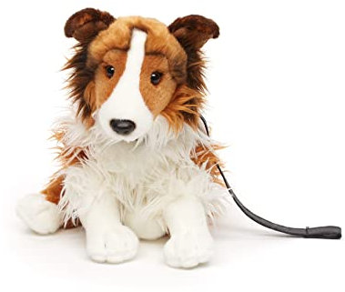 Uni-Toys - Langhaarcollie mit Leine, sitzend - Gesicht weiß-braun - 27 cm (Höhe) - Plüsch-Hund, Collie, Haustier - Plüschtier, Kuscheltier