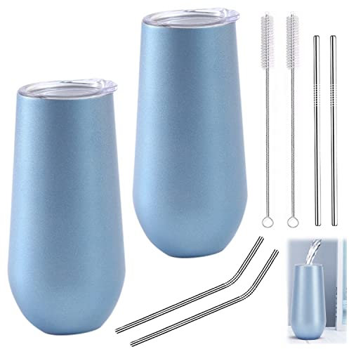 Tongboke 2 Stück becher Edelstahl, Sektgläser Edelstahl, Champagnergläser Wird mit 2 Sets von Bürsten und Strohhalmen geliefert,Sektgläser To Go für Büro, Party, Camping gläser,Reisen