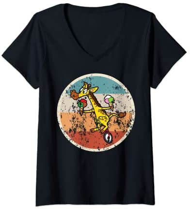 Damen Einrad Fahrrad Giraffe Vintage Retro T-Shirt mit V-Ausschnitt