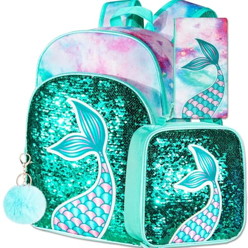 AGSDON 3PCS Kids Backpacks for Girls, 16 Little Kid Mermaid Sequin Preschool School Bookbag and Lunch Box