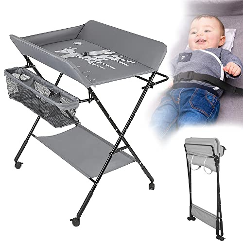 THINFAR Wickeltisch, klappbar, Wickeltisch mit Aufbewahrungskorb, Sicherheitsgurt und 4 Rollen mit Bremse, 80 x 66 x 92/95/98 cm, Grau