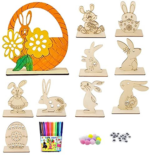 Mecctuck 66 Stück Ostern Basteln Holz Set, DIY Osterhase Deko, Hasen aus Holz zum Bemalen, Osterhase Holzhuhn Holzeier mit Bunte Mini Pompons und Kulleraugen, Osterhase Bastelsets für Kinder