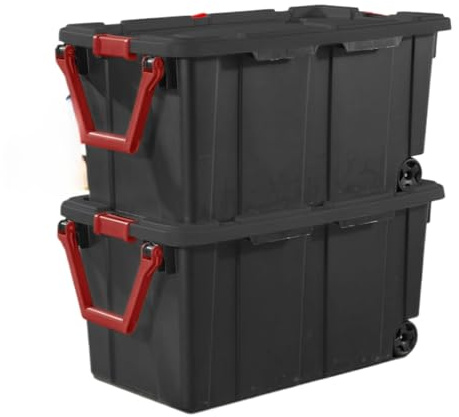 Emny Modern Plastic & Metal 40 Gallon Lidded Home Storage Bins, Stackable Industrial Storage Containers Tote, Organizing Tote Tub Box with Wheeled, Moving Boxes, Set of 2, Black