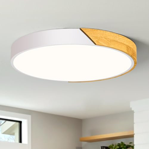 Qamra Plafonnier LED, Plafonniers Modernes en Bois Blanc 40 cm, Plafonnier Rond 36W pour Salon, Chambre à Coucher, Cuisine, Couloir 4000K