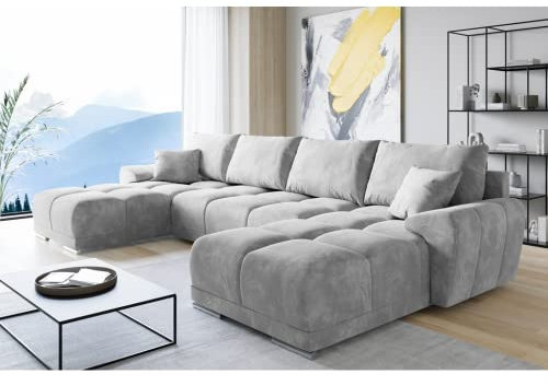 ML Furniture Ltd Velvet Ecksofa in U-Form – Hellgrau Sofa 365 x 189 cm – Couch mit Stauraum und Kissen - Ausziehbares Schlafsofa – Sofa mit Schlaffunktion - Schlafsofa mit Bettkasten
