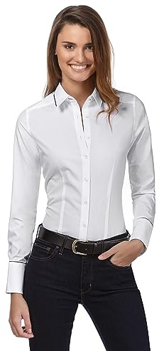 Vincenzo Boretti Camisa de Mujer, Corte Ligeramente más angosto, 100% algodón, Manga-Larga, Lisa, fácil de Planchar, Cuello Kent, Elegante y clásica Blanco 40