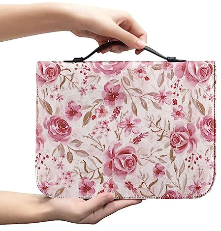 Xoenoiee Rosa Blumendruck Bibelhülle für Damen Herren Buchhülle Kirche Bibel Schutz mit Griff und Reißverschluss, L