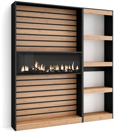 Skraut Home | Bücherregal Bibliothek | Bookshelf, Bookcase | 170x186x25cm | Wohnzimmer, Esszimmer, Büro | Elektrokamin. Maße | Moderner Stil | Eiche Schwarz