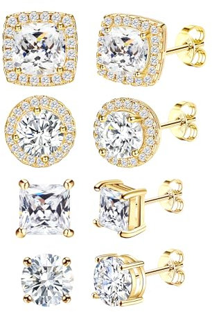 DOCHAIS Ohrringe Gold Silber 925 Ohrstecker Damen Herren 14 Karat Vergoldet Gold Silber Ohrstecker 925 Set Hypoallergene Zirkonia Ohrringe 6-10 mm, Schmuck Geschenke für Frauen Männer