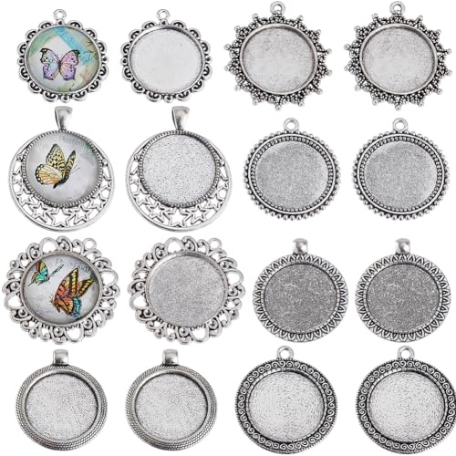SUNNYCLUE 1 Box 16 Stück Cabochon Lünetten Im Vintage Stil Antiksilber Leere Lünettentabletts Flache Runde Charm Anhänger Tablett Charms Erinnerungsfoto Rohlinge Lünette Für DIY Hochzeitsstrauß Abschl