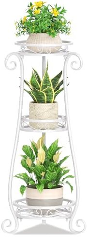 JC-Houser 3 Etagen Blumenständer Pflanzenständer Blumenetagere Pflanzenregal aus Metall für große Töpfe Indoor Outdoor, hohes stabiles Blumen Gestell Regal Stand für Balkon Büro Bad Ecke, Weiß